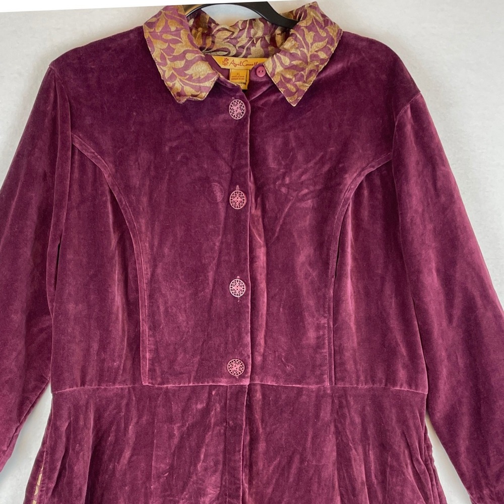 April Cornell Womens XL Purple Cotton Velvet Midi Dress Floral Collar Filigree - Picture 7 of 7
